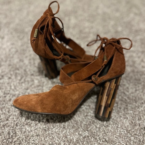 Free People Nouvella Wrap Brown Heels Suede Leather Wooden Heel,size 6.5 - Picture 13 of 13